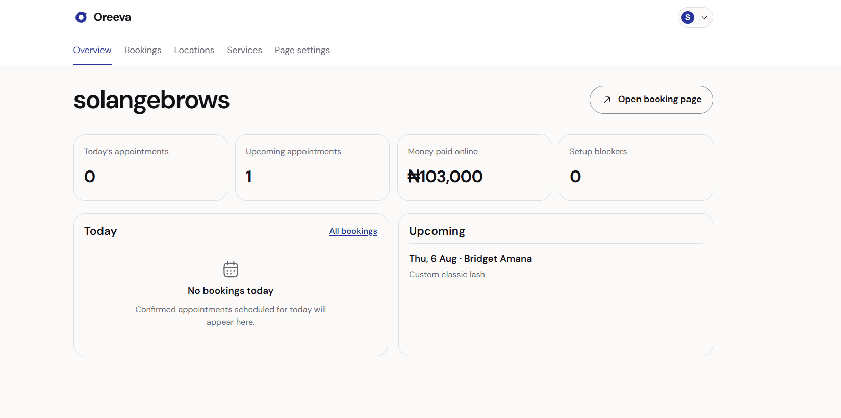 The Oreeva business dashboard showing appointments, payments, and upcoming bookings